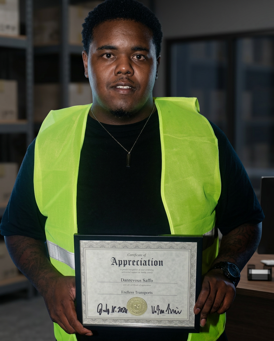 Endless Transports driver holding a certificate of appreciation